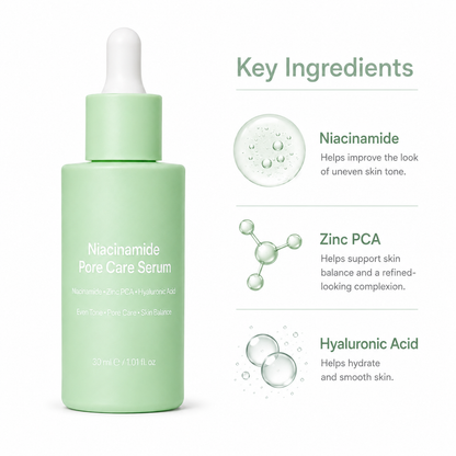 Niacinamide serum key ingredients with Zinc PCA and hyaluronic acid