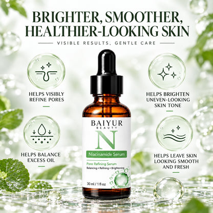 Baiyur Beauty Niacinamide Serum featuring benefits for brighter-looking skin, smoother texture, refined pores and balanced hydration.