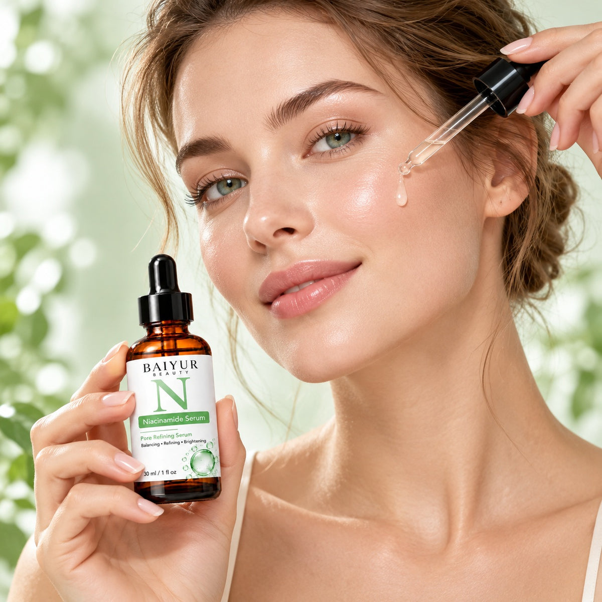 Female skincare model holding Baiyur Beauty Niacinamide Serum and applying serum with a glass dropper in a natural beauty setting.