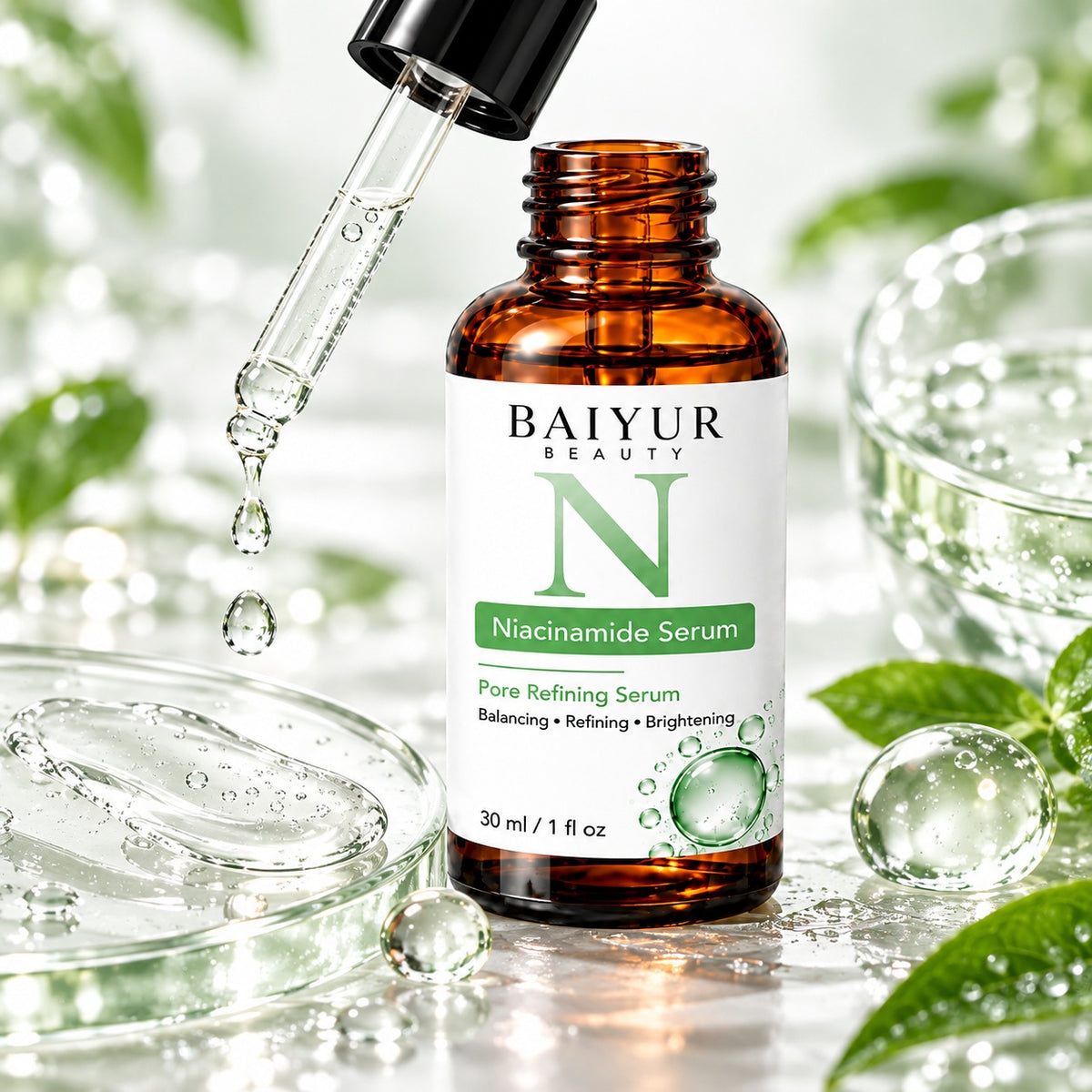 Close-up of Baiyur Beauty Niacinamide Serum in an amber dropper bottle with clear serum droplets and green botanical accents.