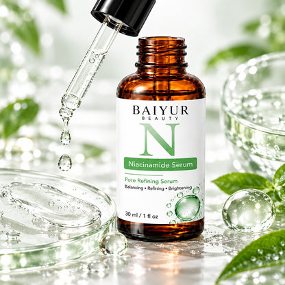 Close-up of Baiyur Beauty Niacinamide Serum in an amber dropper bottle with clear serum droplets and green botanical accents.