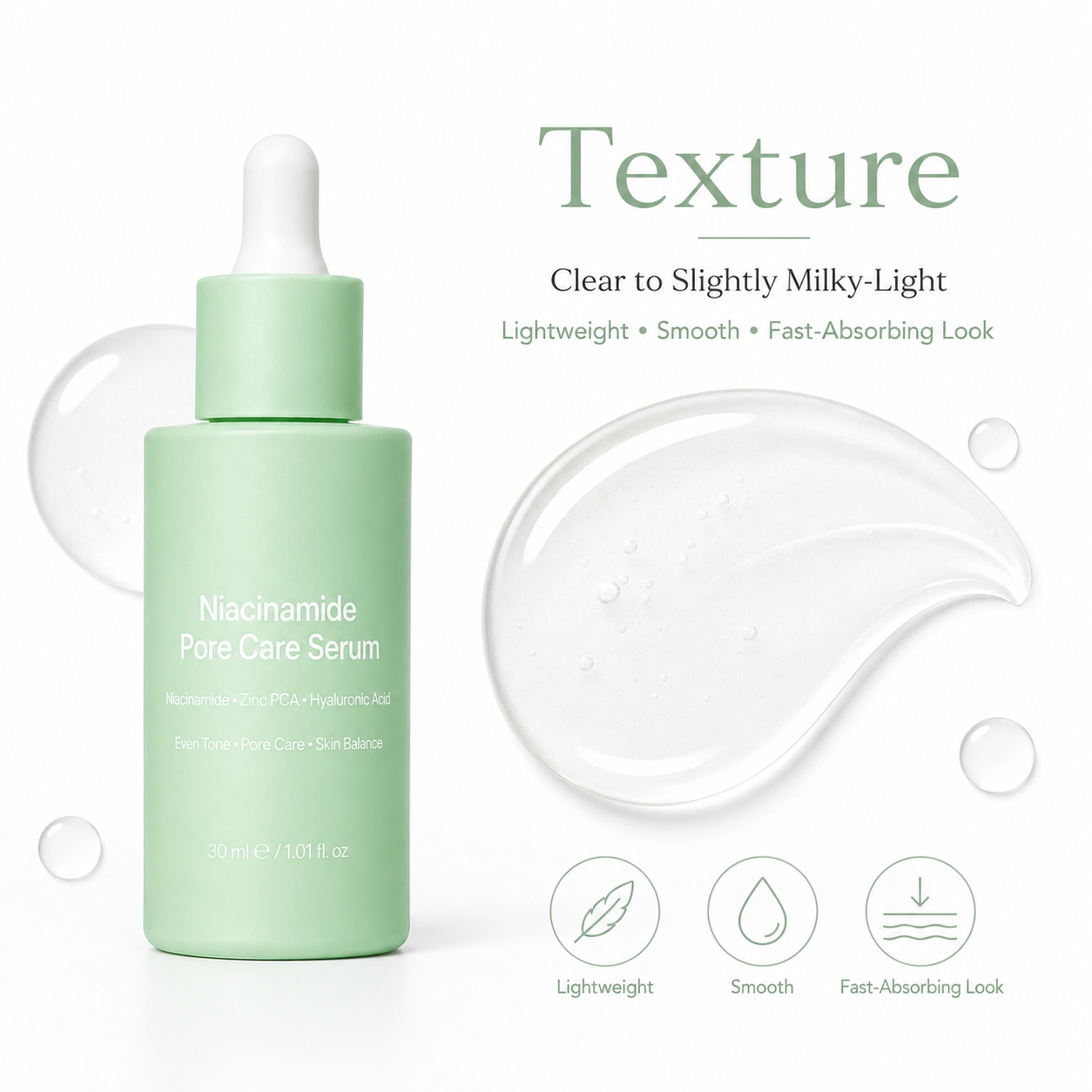Niacinamide serum clear to slightly milky-light texture