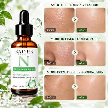 Illustrative skin comparison showing smoother-looking texture, refined-looking pores and a more even complexion alongside Baiyur Beauty Niacinamide Serum.