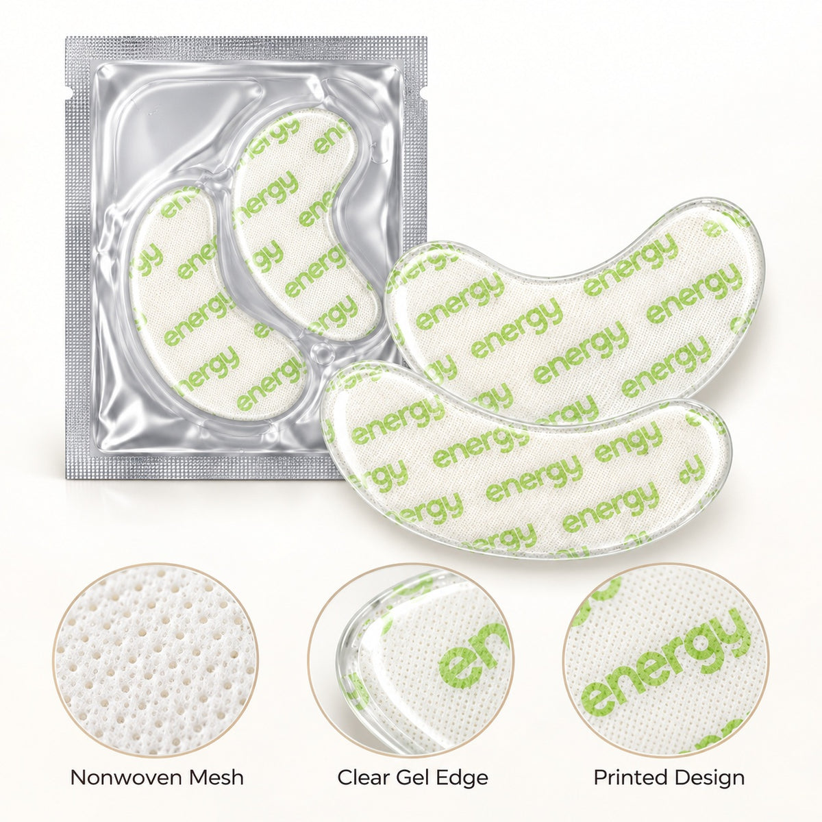 Printed nonwoven hydrogel eye patch with clear gel edge and mesh texture