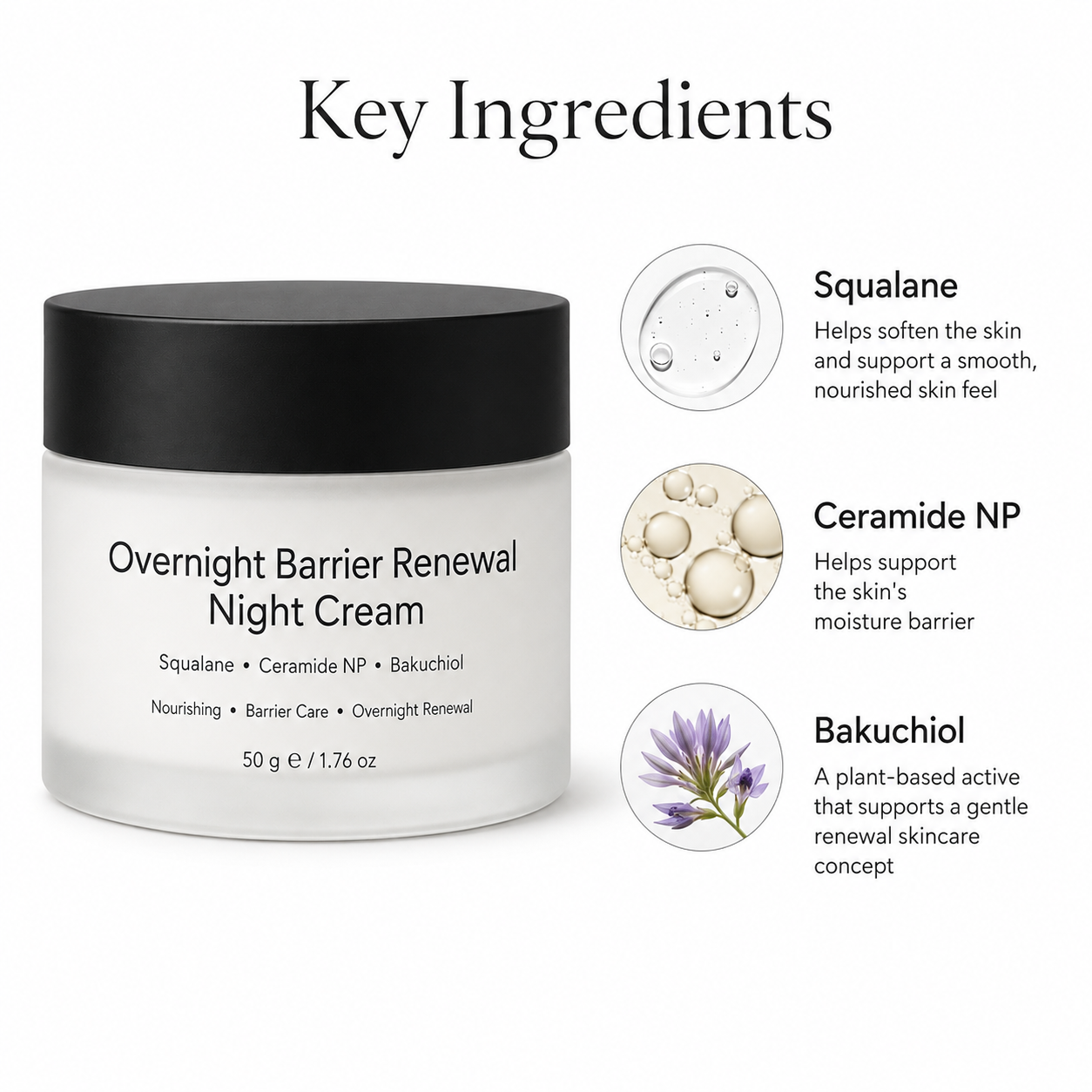 Night cream with squalane ceramide NP bakuchiol panthenol ectoin jojoba oil and hyaluronic acid