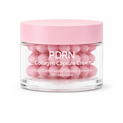 PDRN Collagen Capsule Cream with pink capsules in clear jar