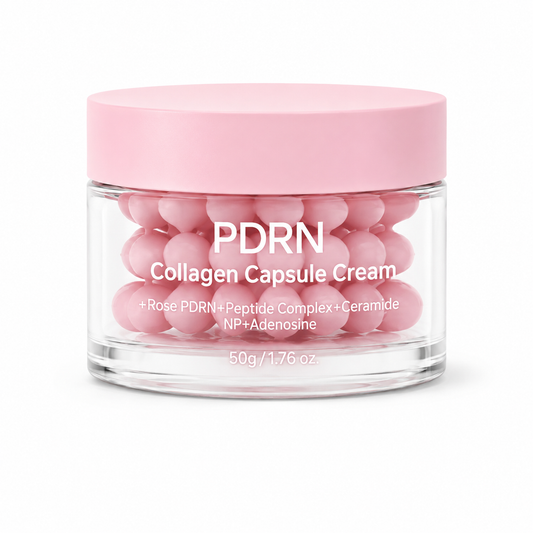 PDRN Collagen Capsule Cream with pink capsules in clear jar
