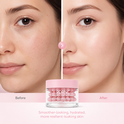 Model applying PDRN collagen capsule cream in skincare routine