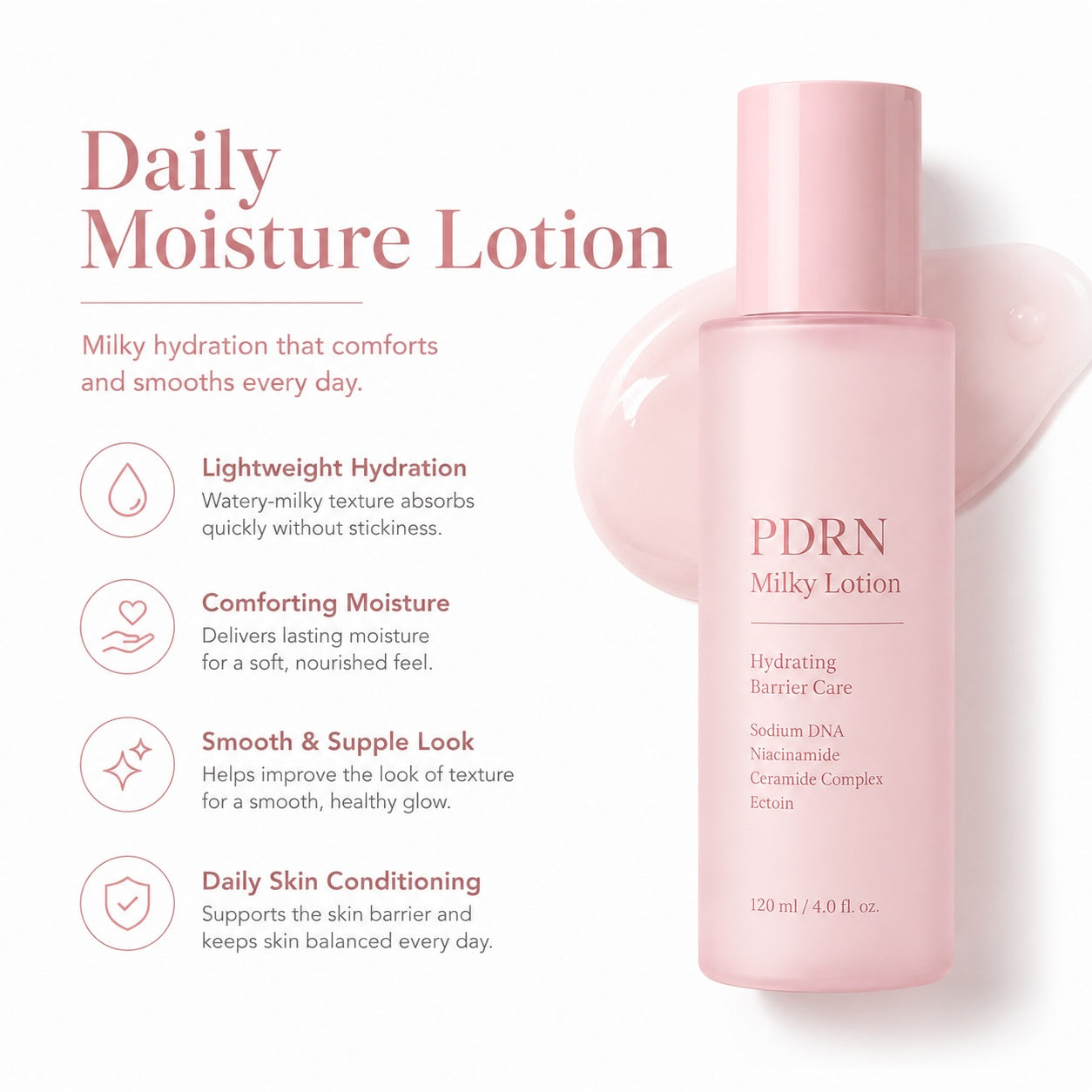 PDRN milky lotion for hydration, barrier support and a soft comfortable skin feel