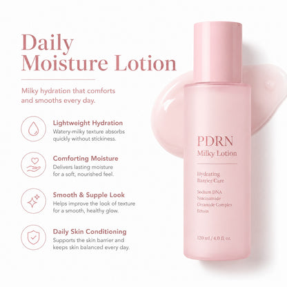 PDRN milky lotion for hydration, barrier support and a soft comfortable skin feel