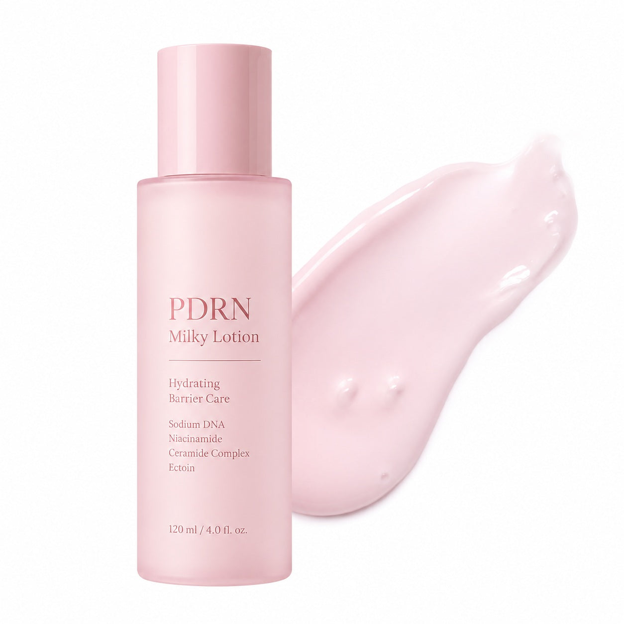 Lightweight pale pink lotion texture swatches with PDRN milky lotion packaging