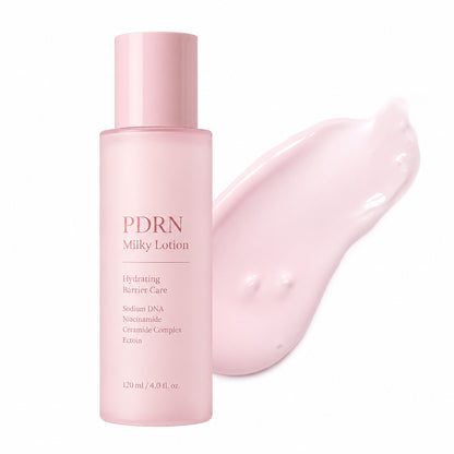 Lightweight pale pink lotion texture swatches with PDRN milky lotion packaging