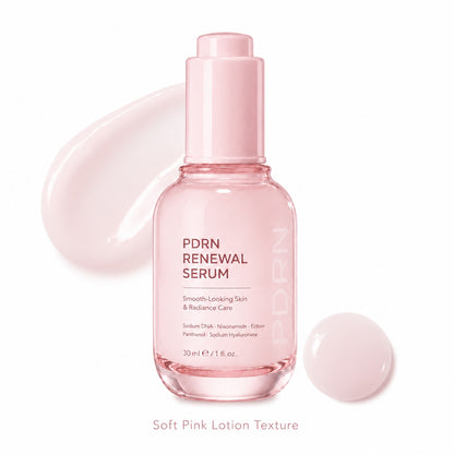 Soft pink milky texture of PDRN Renewal Serum beside the 30 ml bottle