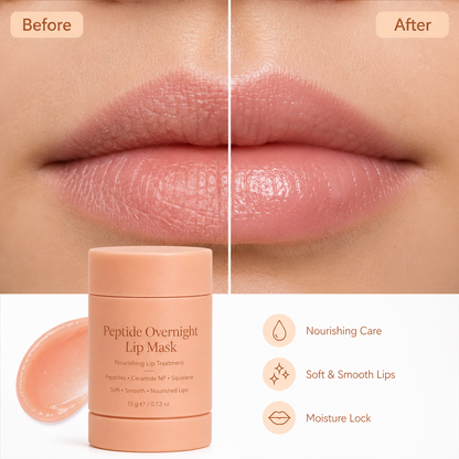 Before and after comparison for peptide overnight lip mask showing softer smoother-looking lips