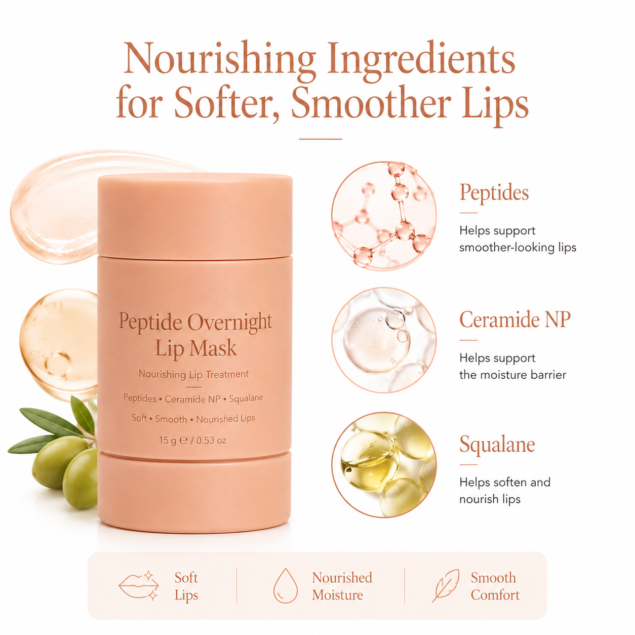 Peptide lip mask key ingredients with peptides ceramide NP squalane and hyaluronic acid