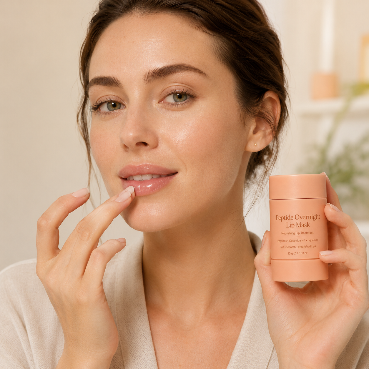 Model applying peptide overnight lip mask for nighttime lip care routine