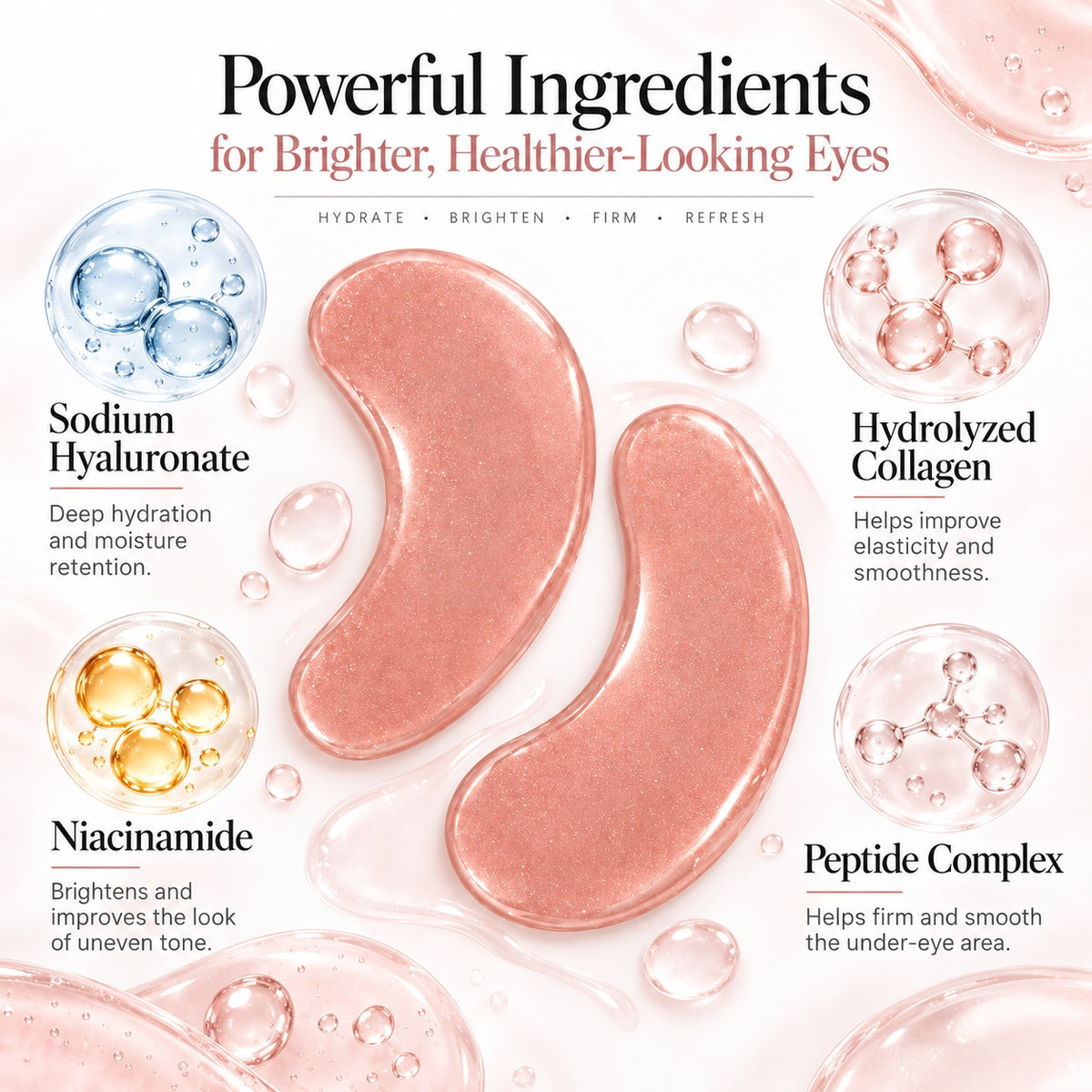 Pink hydrogel eye patches with hyaluronic acid collagen niacinamide and peptides