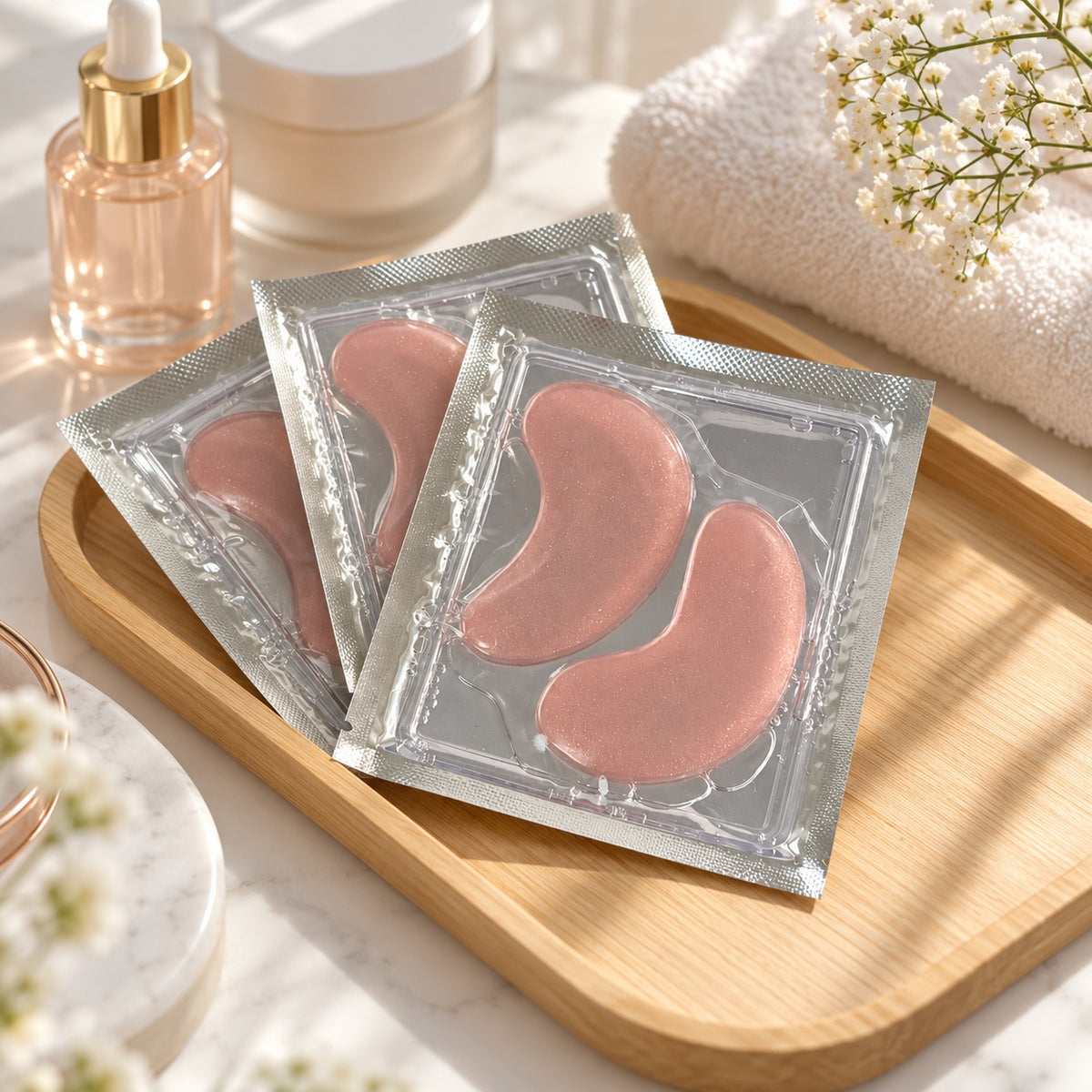 Private label pink hydrogel eye patch sachets displayed with skincare products
