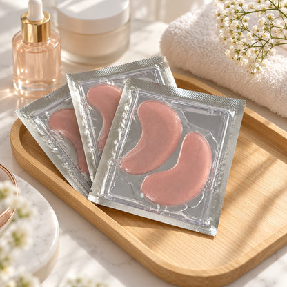 Private label pink hydrogel eye patch sachets displayed with skincare products