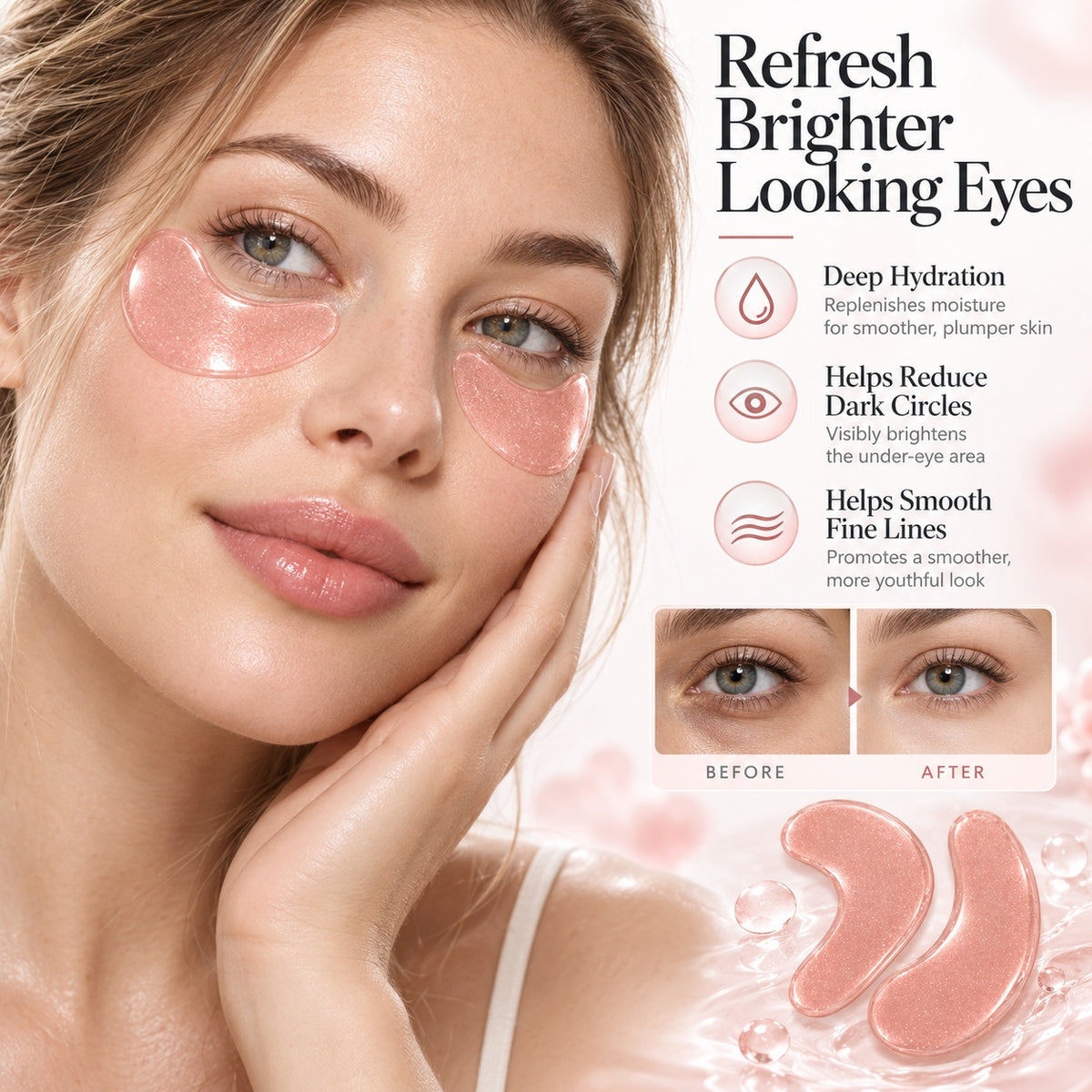 Woman wearing pink hydrogel under eye patches for hydrating eye care