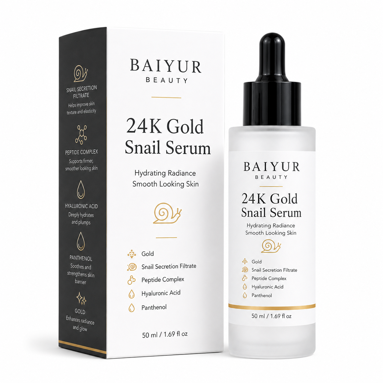 Private label 24K Gold Snail Serum 50ml frosted dropper bottle with custom paper box for OEM skincare brands