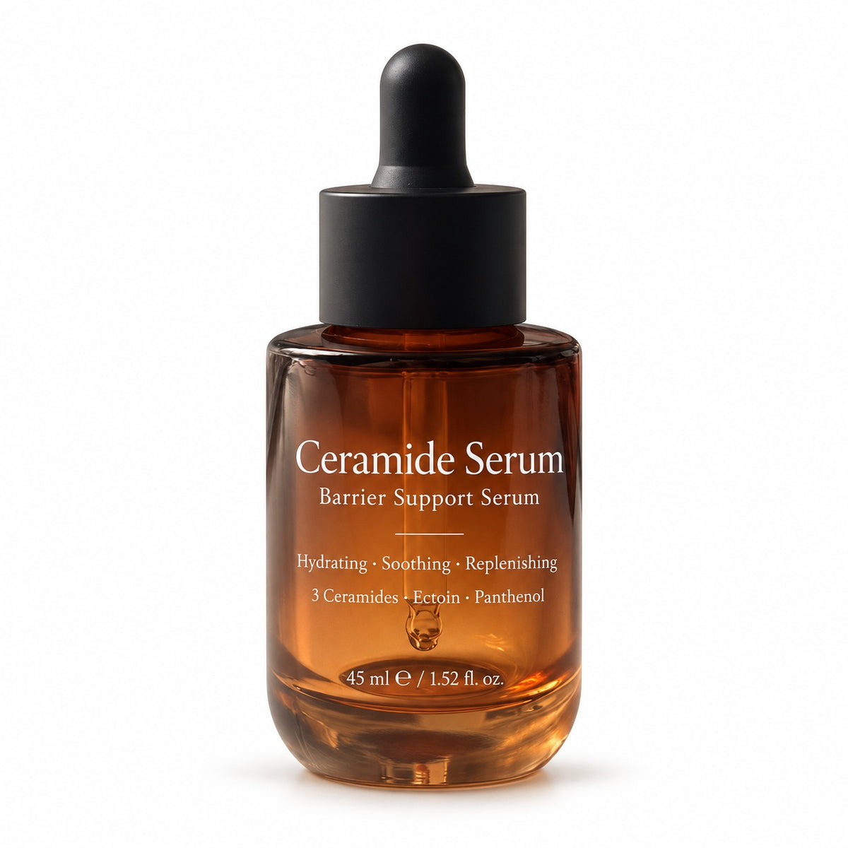 Private label Ceramide Barrier Support Serum 45ml in an amber glass dropper bottle with a black cap, featuring 3 Ceramides, Ectoin and Panthenol for hydrating and soothing skincare.