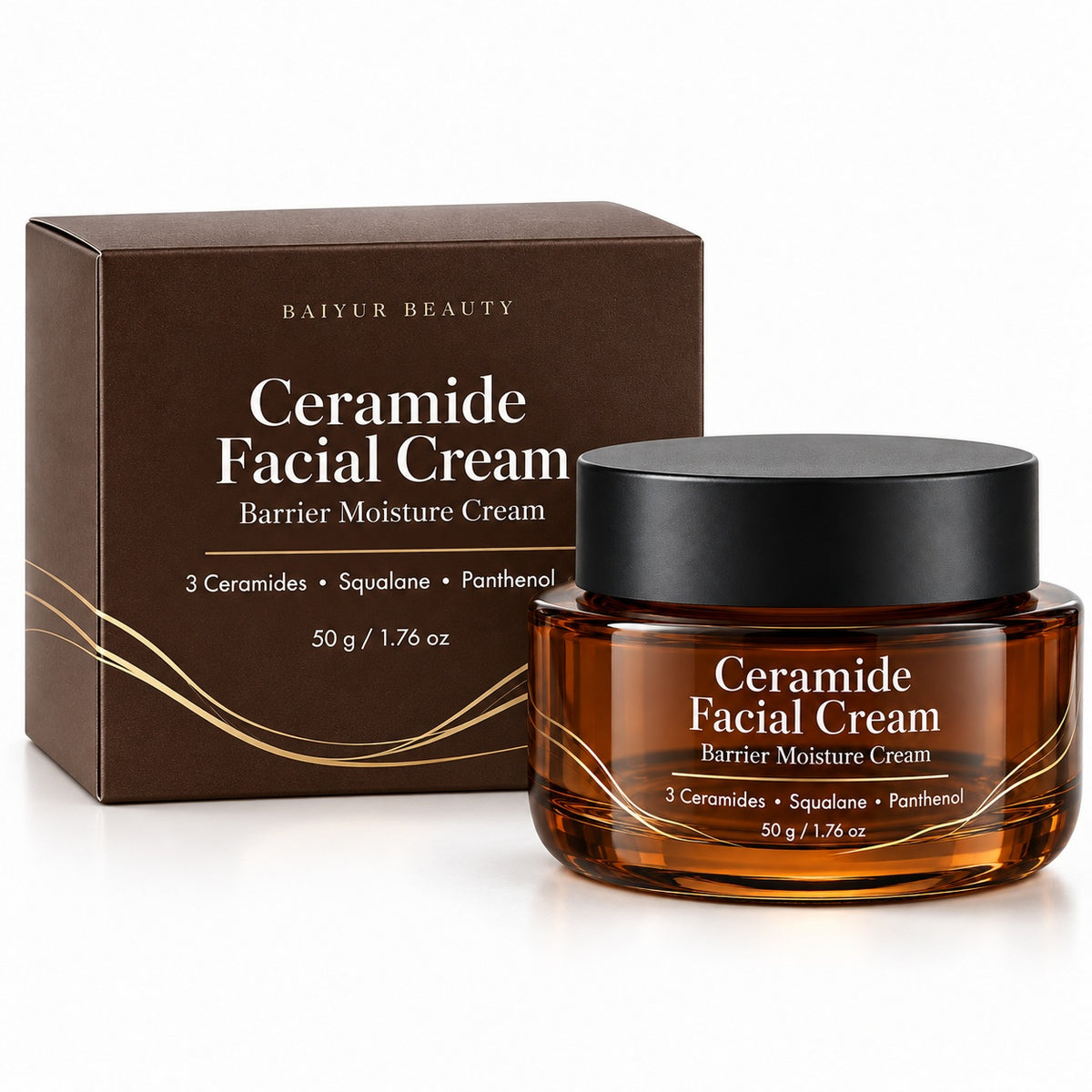 Private label Ceramide Facial Cream 50g in an amber glass jar with black lid and matching brown retail packaging box.