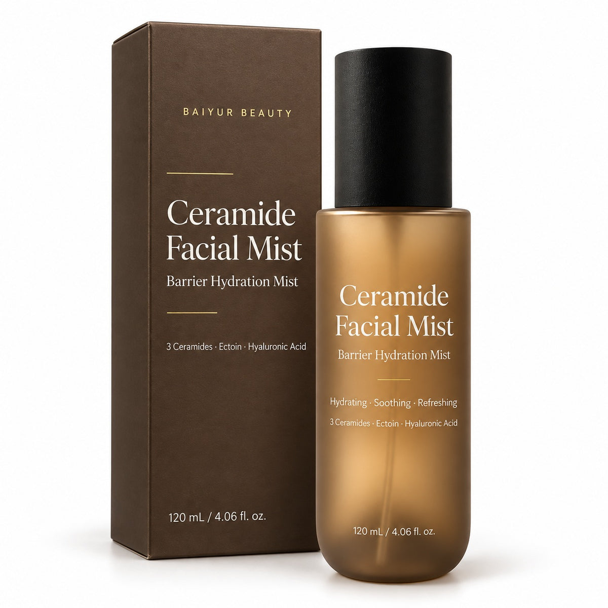 Private label Ceramide Facial Mist 120ml bottle with matching brown retail box, showing customizable skincare packaging.