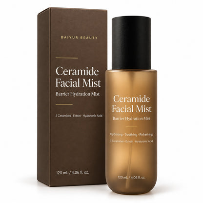 Private label Ceramide Facial Mist 120ml bottle with matching brown retail box, showing customizable skincare packaging.