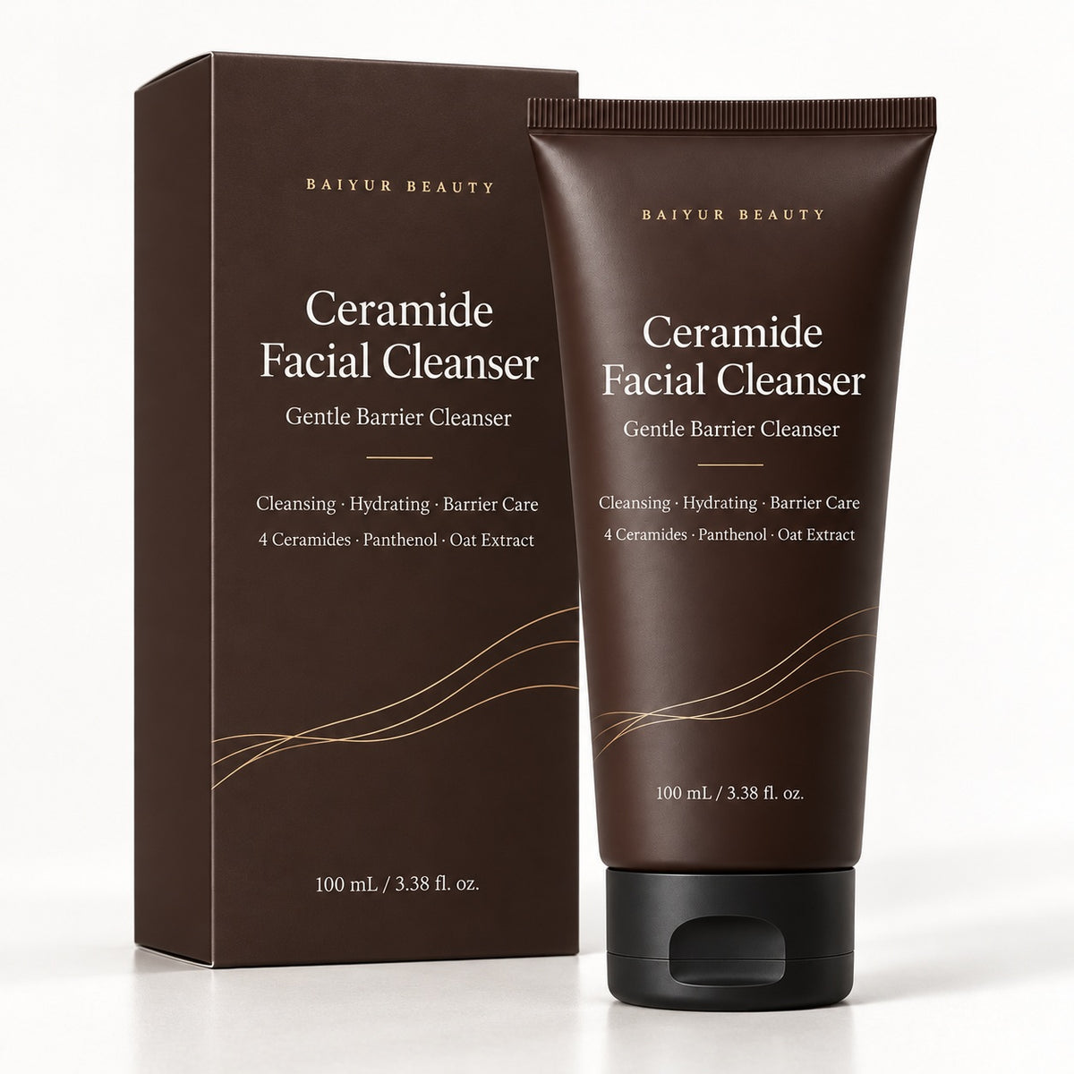 Private label Ceramide Facial Cleanser 100ml in a dark brown squeeze tube with matching retail packaging concept.