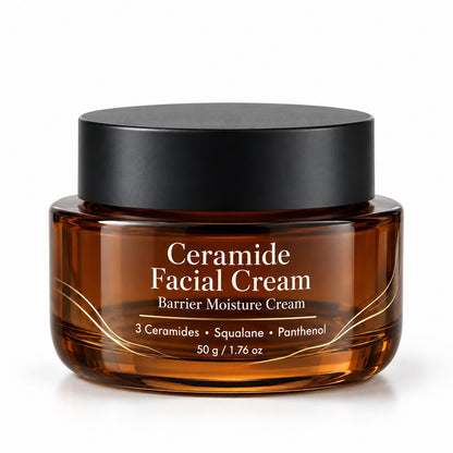 Ceramide Facial Cream 50g in an amber glass jar with a black lid, featuring 3 Ceramides, Squalane and Panthenol for hydration and skin barrier support.