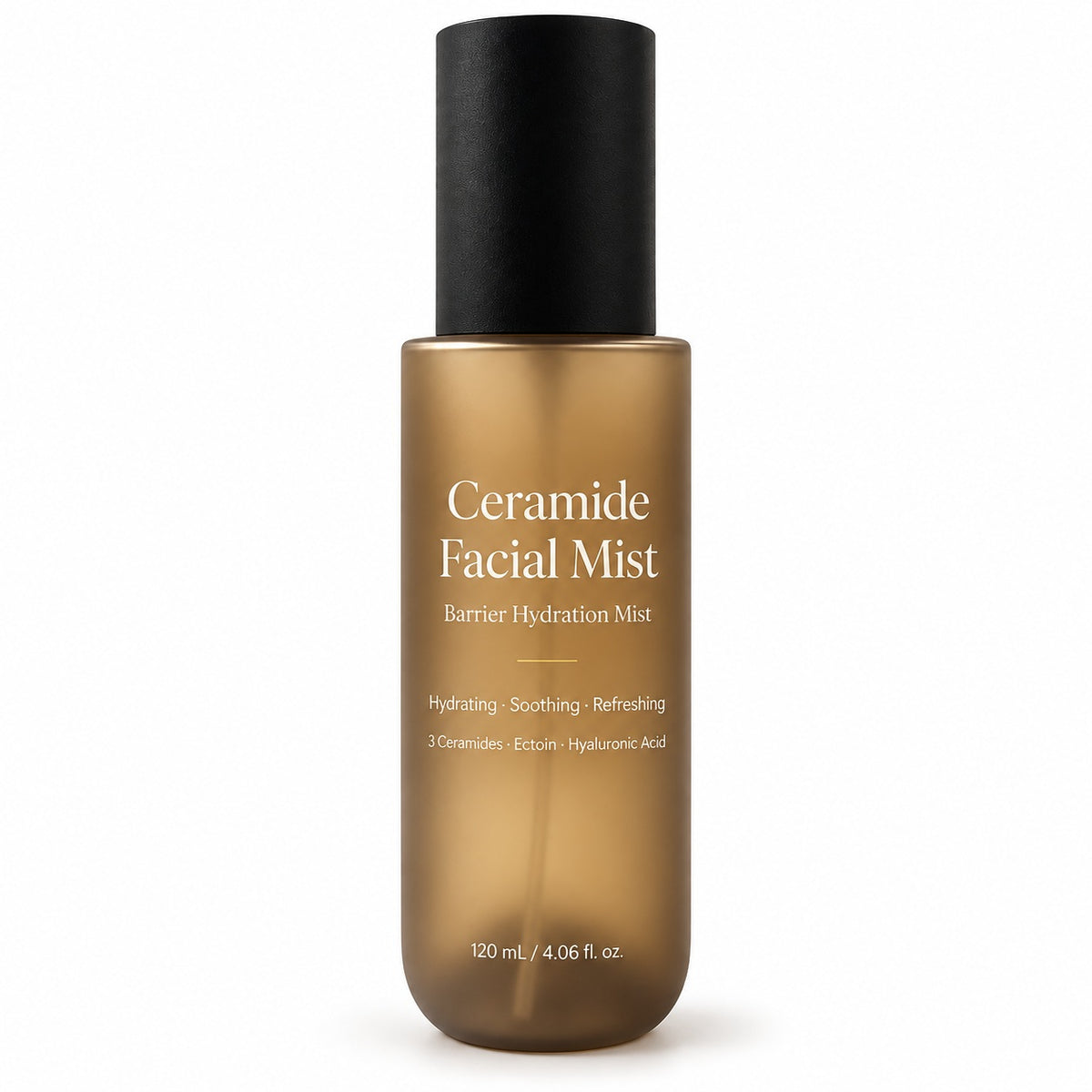 Private label Ceramide Facial Mist 120ml in a frosted amber bottle with black cap for hydrating and barrier-support skincare.