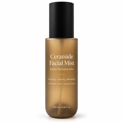 Private label Ceramide Facial Mist 120ml in a frosted amber bottle with black cap for hydrating and barrier-support skincare.