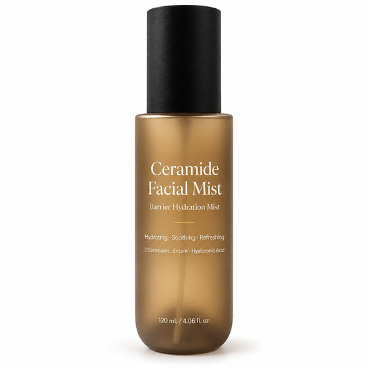 Private label Ceramide Facial Mist 120ml in a frosted amber bottle with black cap for hydrating and barrier-support skincare.