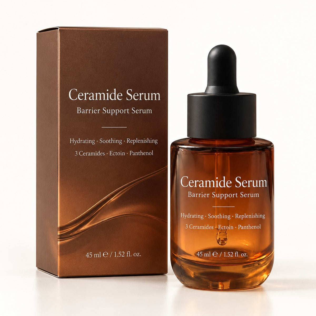 Private label Ceramide Serum 45ml in an amber glass dropper bottle with black cap and matching brown skincare packaging box.