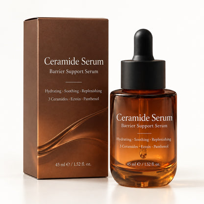 Private label Ceramide Serum 45ml in an amber glass dropper bottle with black cap and matching brown skincare packaging box.