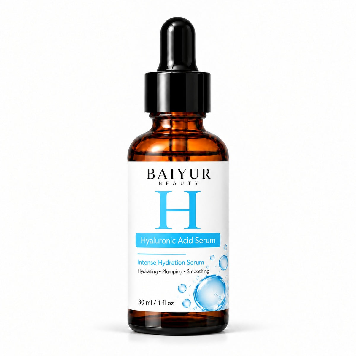Baiyur Beauty 30ml private label hyaluronic acid serum in an amber glass dropper bottle with blue hydration-themed label on a white background.
