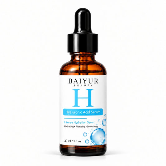 Baiyur Beauty 30ml private label hyaluronic acid serum in an amber glass dropper bottle with blue hydration-themed label on a white background.