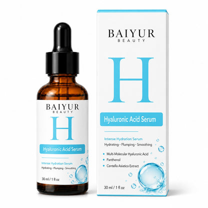 Baiyur Beauty private label hyaluronic acid serum, 30ml amber glass dropper bottle with matching blue and white retail packaging.
