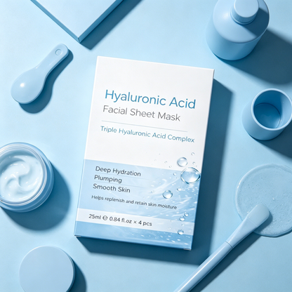 Private label hyaluronic acid sheet mask sachet and box packaging