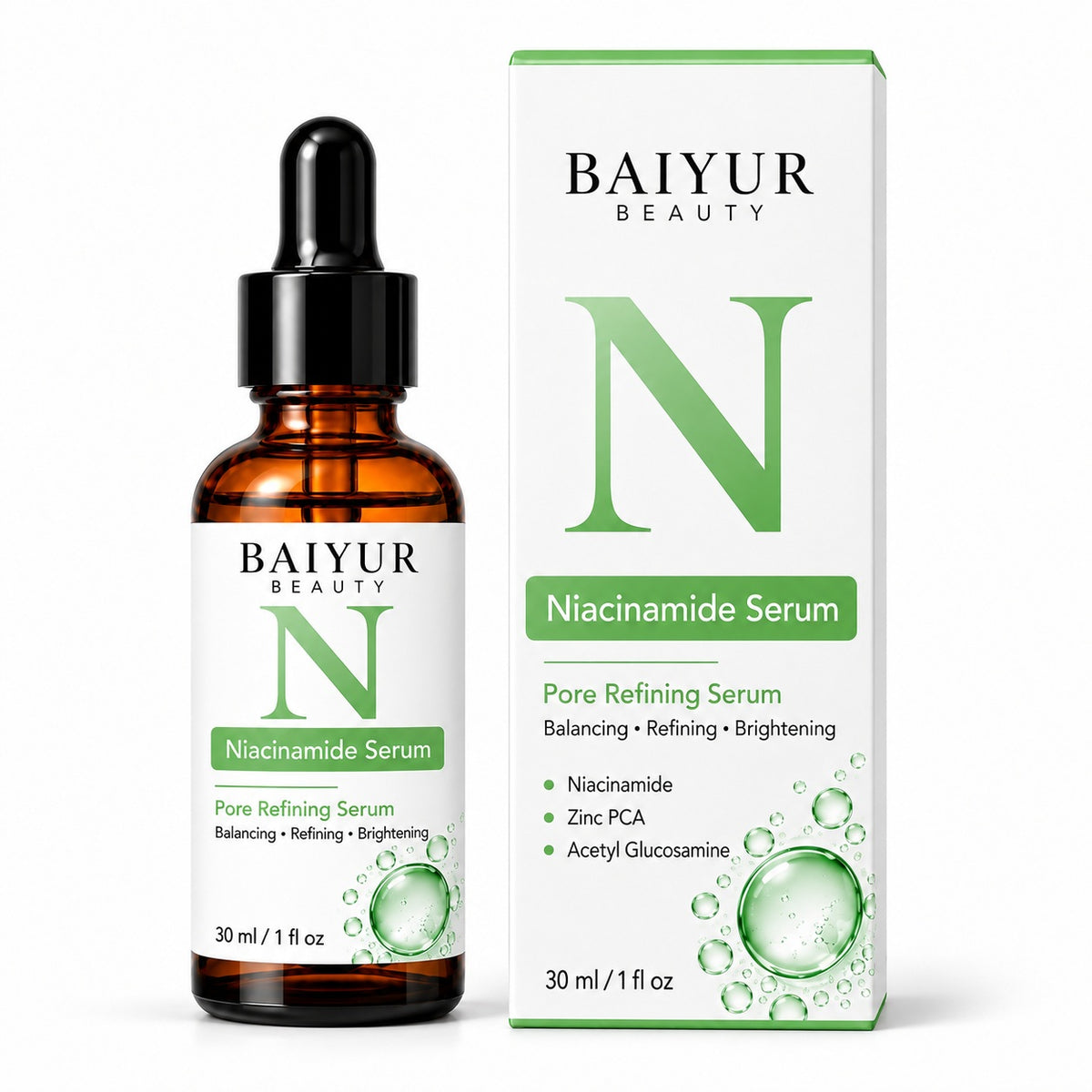 Baiyur Beauty private label Niacinamide Serum in a 30ml amber glass dropper bottle with matching green and white retail carton packaging.