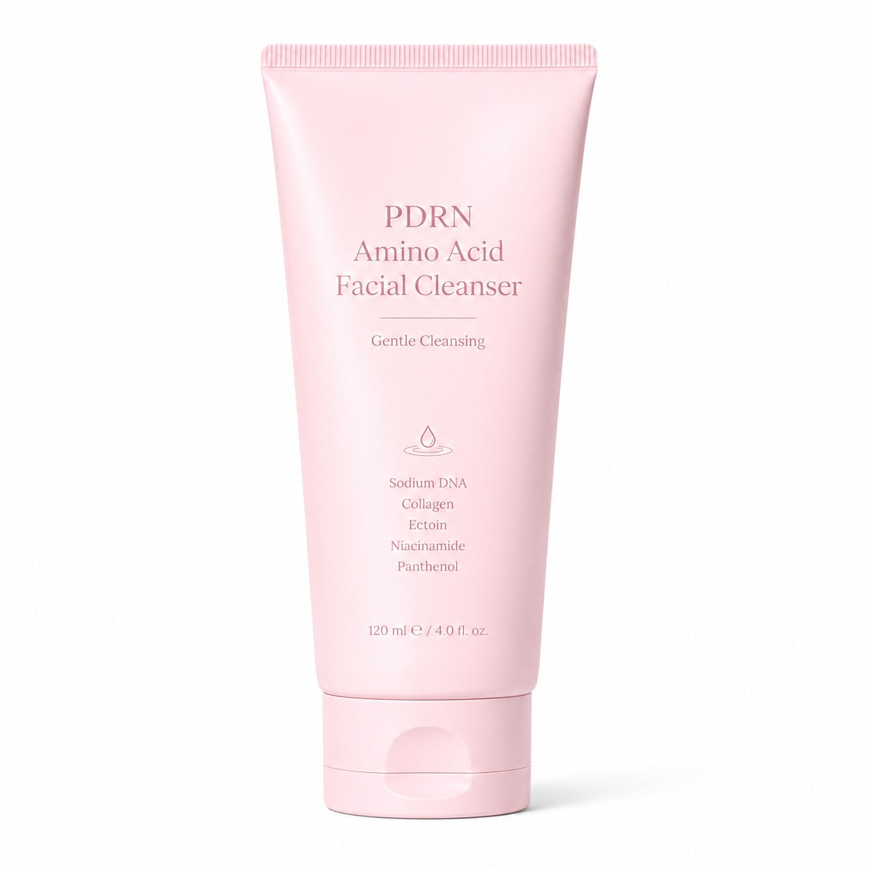 Private label PDRN amino acid facial cleanser in a pale pink 120 ml tube