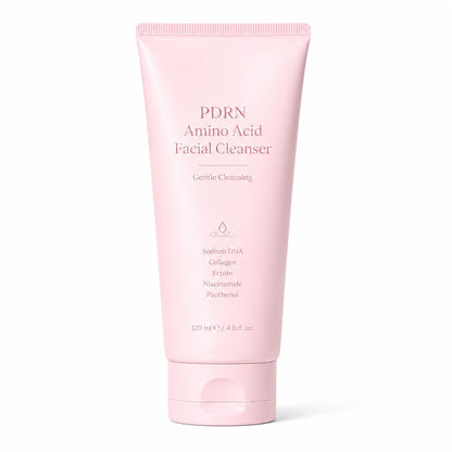 Private label PDRN amino acid facial cleanser in a pale pink 120 ml tube