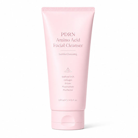 Private label PDRN amino acid facial cleanser in a pale pink 120 ml tube