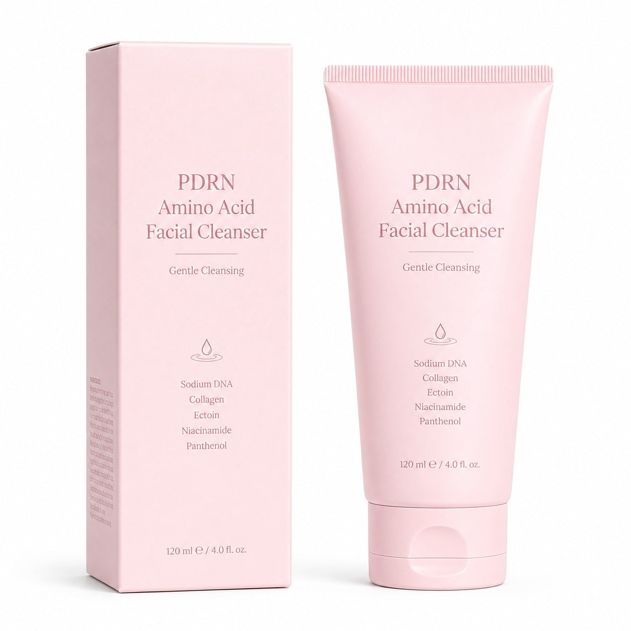 Private label PDRN facial cleanser with matching pink tube and retail paper box