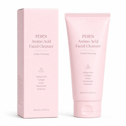Private label PDRN facial cleanser with matching pink tube and retail paper box