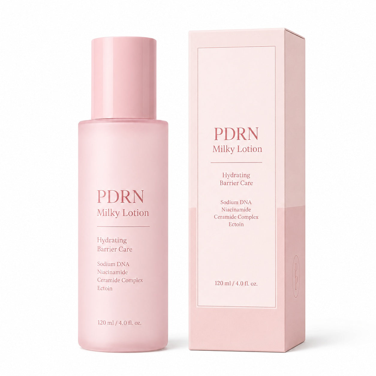 Private label PDRN milky lotion with matching pink bottle and custom paper box