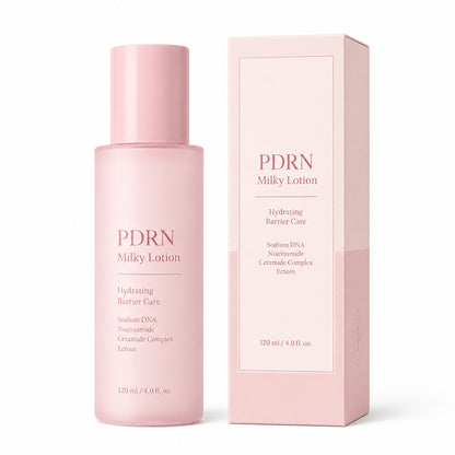 Private label PDRN milky lotion with matching pink bottle and custom paper box