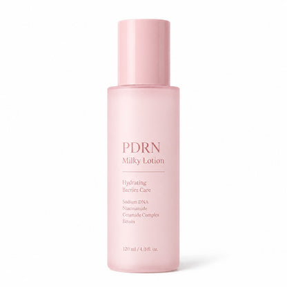 Private label PDRN milky lotion in a frosted pink 120 ml bottle