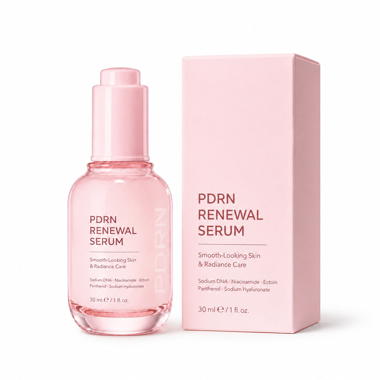 Pink 30 ml PDRN Renewal Serum bottle beside matching OEM paper box packaging